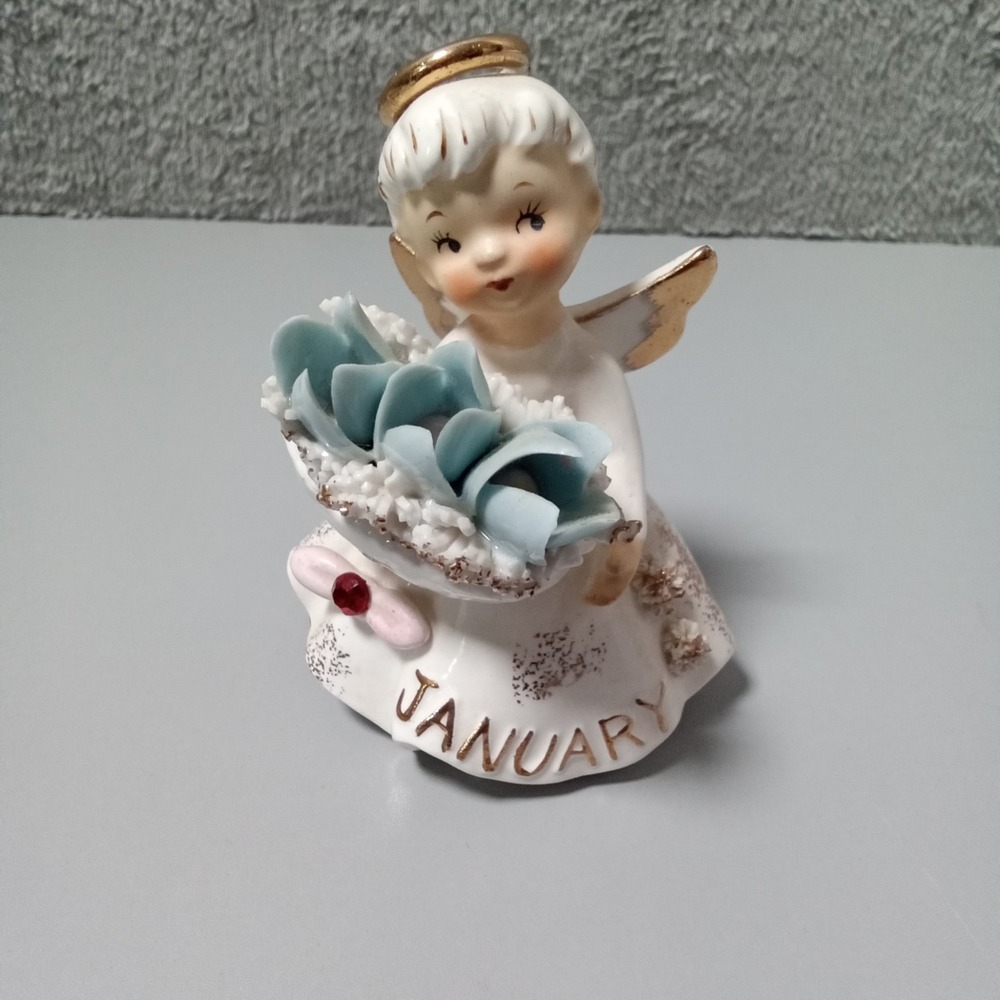 Geo Z Lefton January Birthday Angel Figurine Snowdrop Garnet 489 Vintage Ceramic